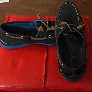 Blue and grey Sperry boat shoes